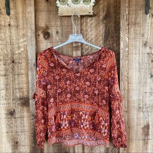 American Eagle Floral Bohemian Ruffled Long Sleeve V-neck Tassel Blouse
